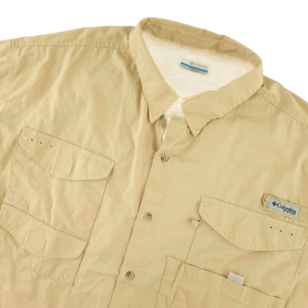 Columbia PFG Shirt Mens 3XL Beige Short Sleeve Fishing Button Up Vented Outdoor